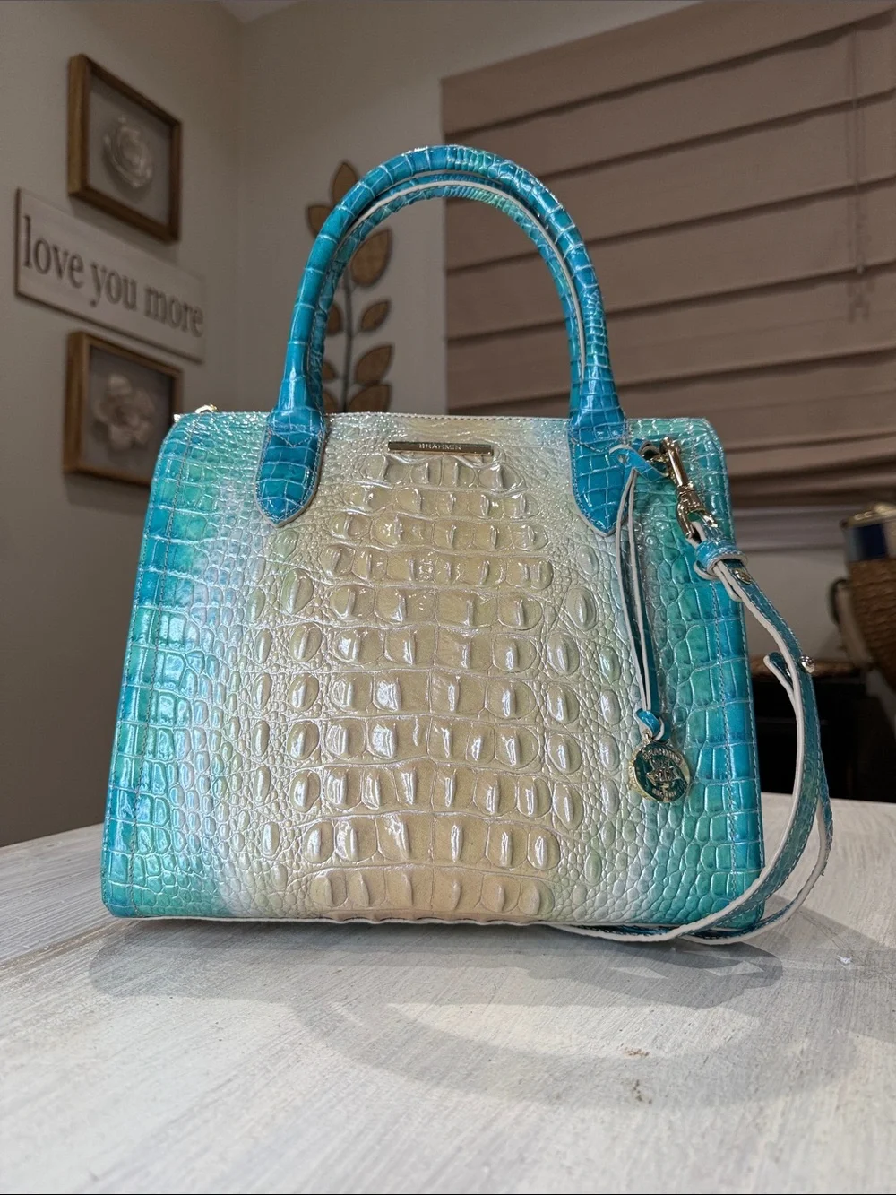 Brahmin Small Caroline Turquoise to Cream Ombre Croc-Embossed Crossbody Satchel